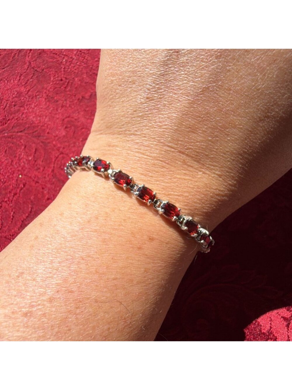 Vintage 925 Sterling Silver Red Garnet Tennis Bracelet Faceted Oval 7.25" Gothic